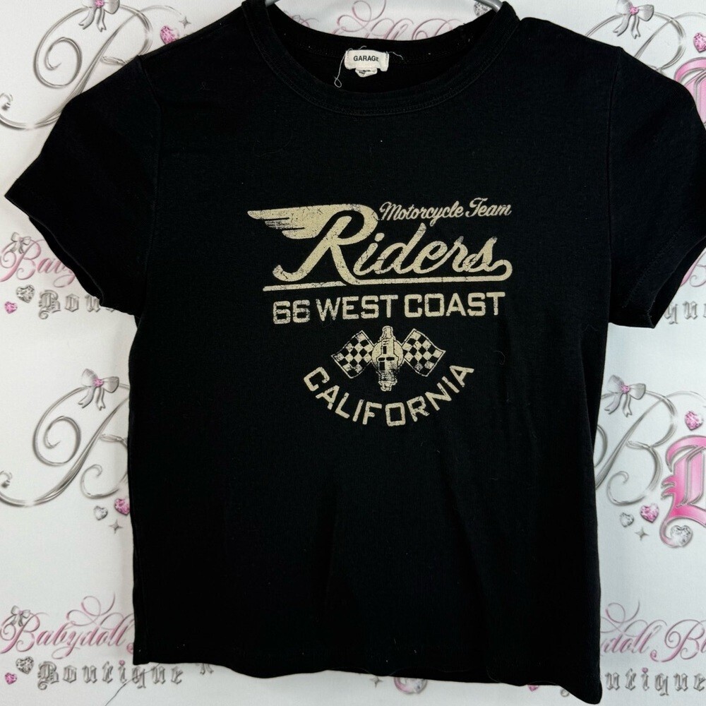 Garage T-shirt crop style motorcycle riders Black Tee with Gold Riders Print